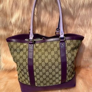 Preloved Authentic Gucci canvas tote with purple leather